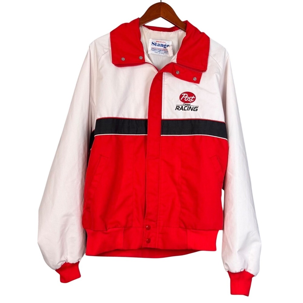 Vintage NASCAR Bomber Windbreaker Stange Post Cereal Racing Jacket Mens L Red